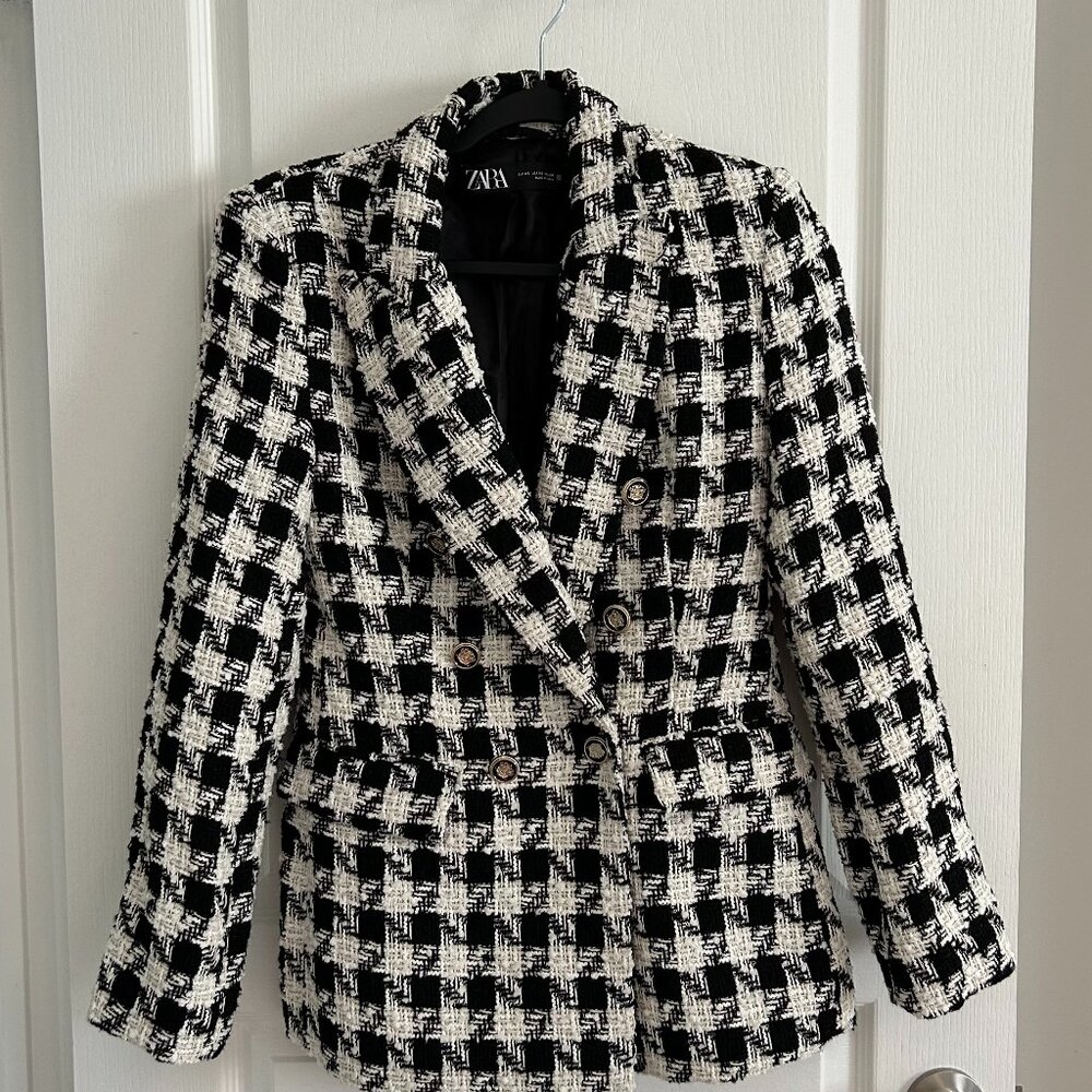 Zara Black White Tweed Check Double Breasted Blazer XS